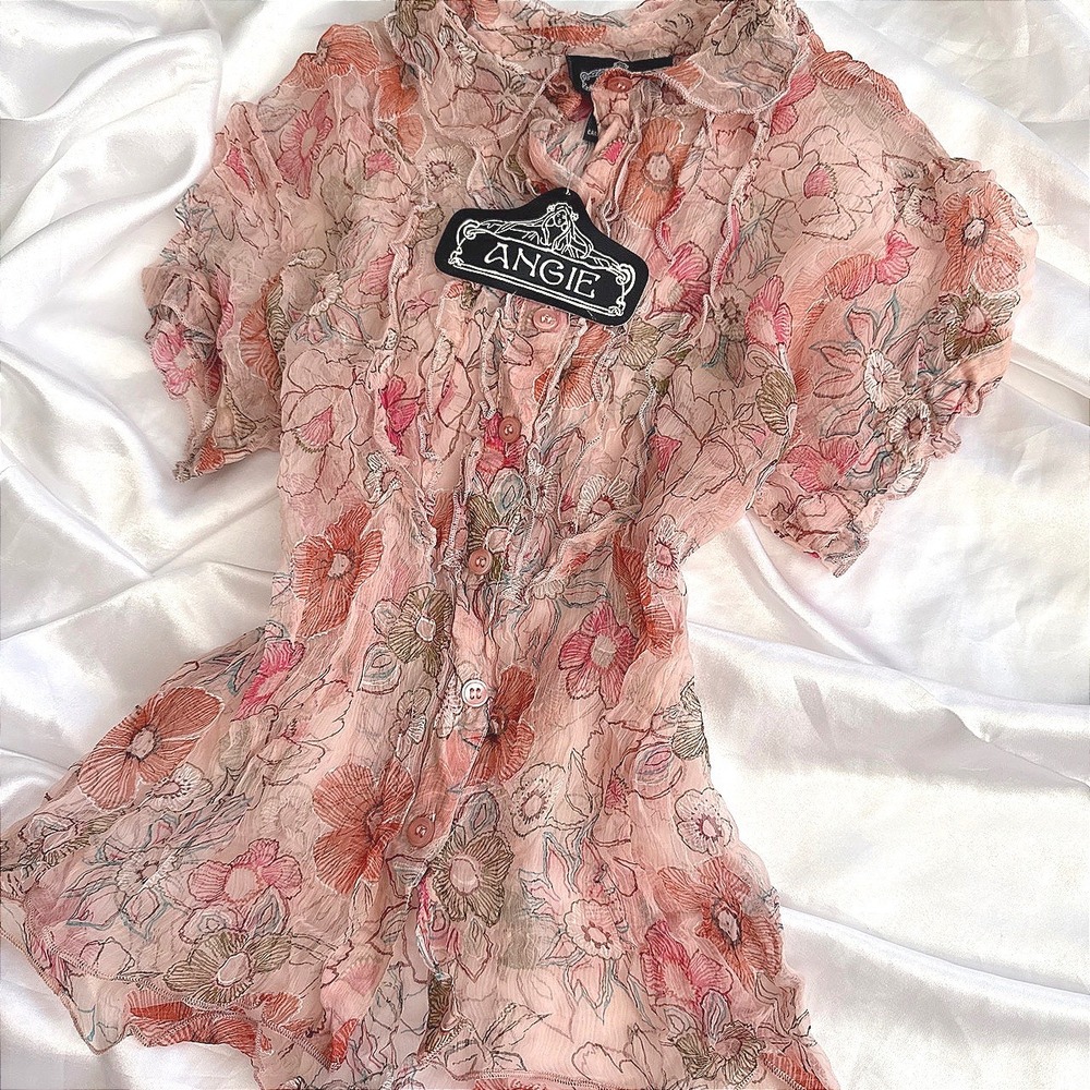 Angie Pink Floral Sheer Crinkle Rayon Ruffle Blouse Medium NWT